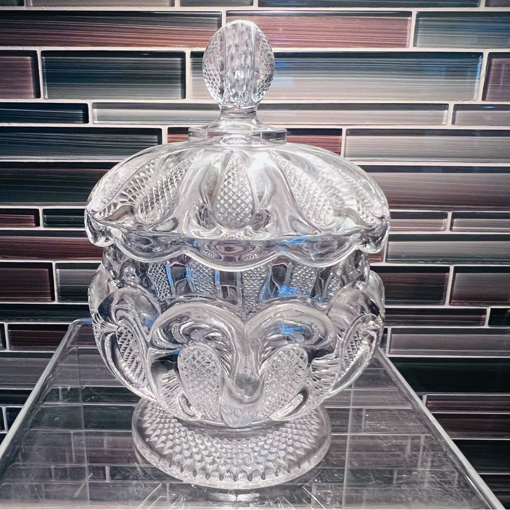 Vintage Eastlake style lead glass footed candy jar with filial top EUC